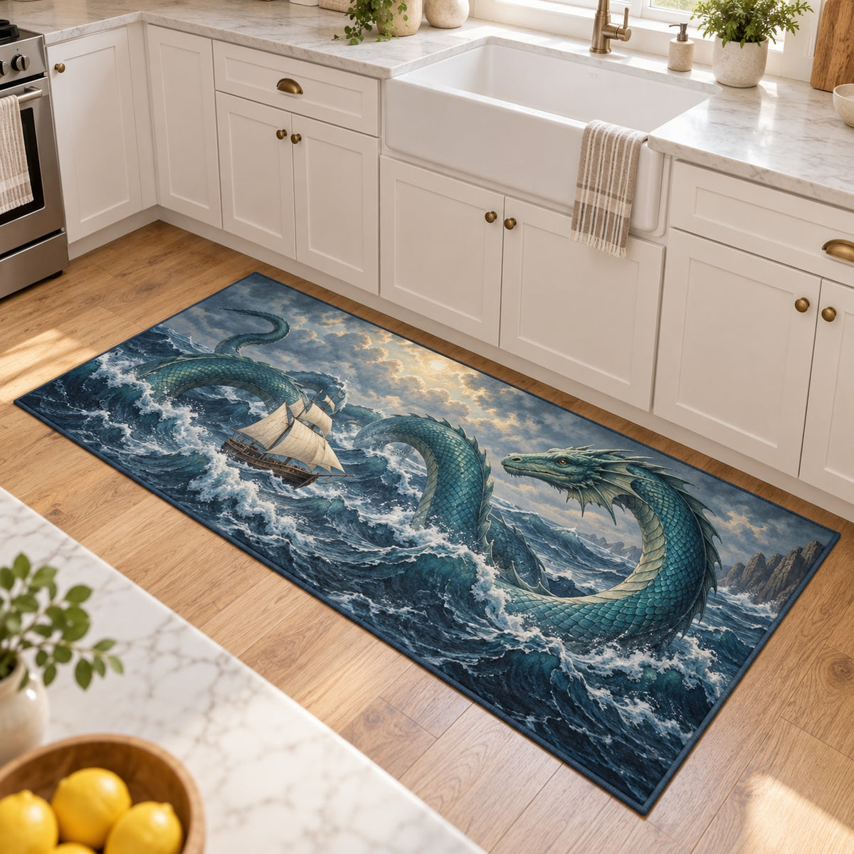 Sea Serpent Voyage Kitchen Rug with dimensional printed themed artwork; representative AI-generated mockup.
