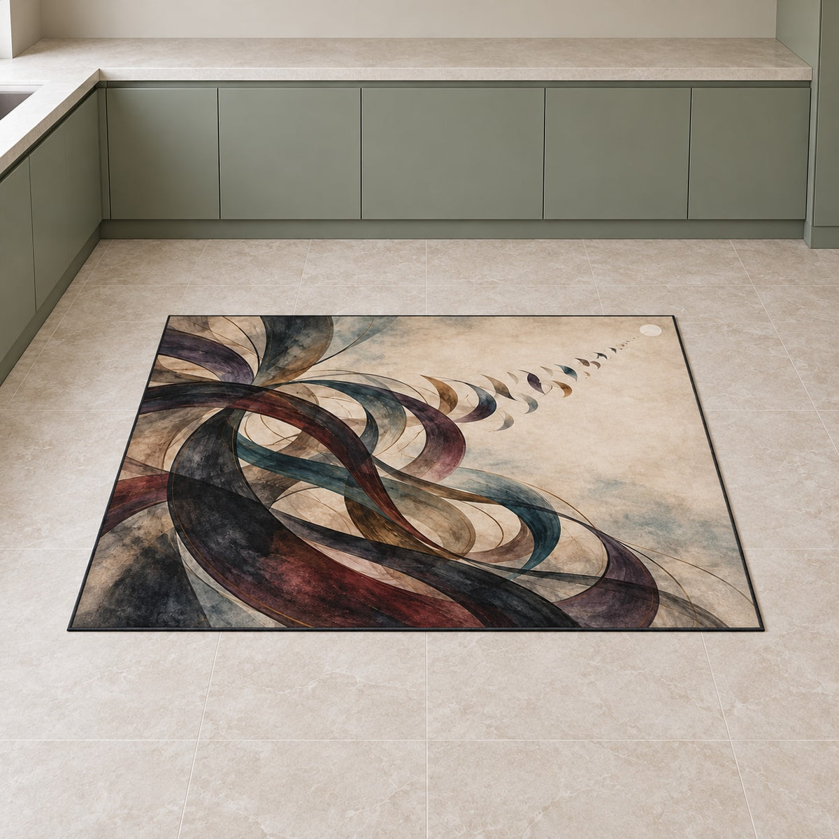 Cadence Inkfold Kitchen Rug with dimensional printed themed artwork; representative AI-generated mockup.
