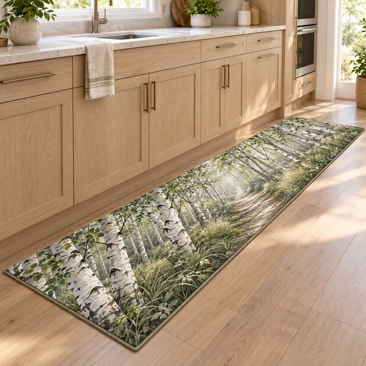 Birch Grove Kitchen Rug with dimensional printed themed artwork; representative AI-generated mockup.