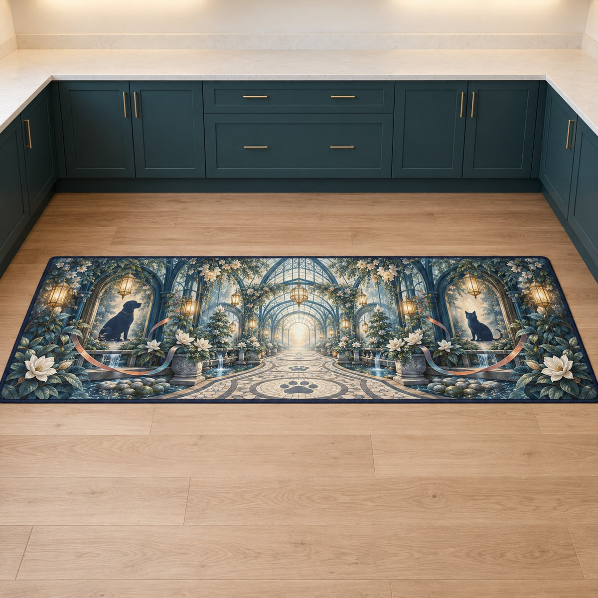 Vet Tech Lantern Conservatory Kitchen Rug with dimensional printed themed artwork; representative AI-generated mockup.