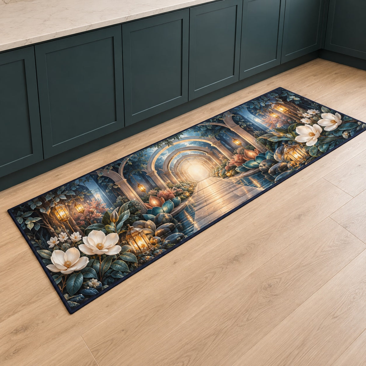 Nurse Care Lantern Atrium Kitchen Rug with dimensional printed themed artwork; representative AI-generated mockup.
