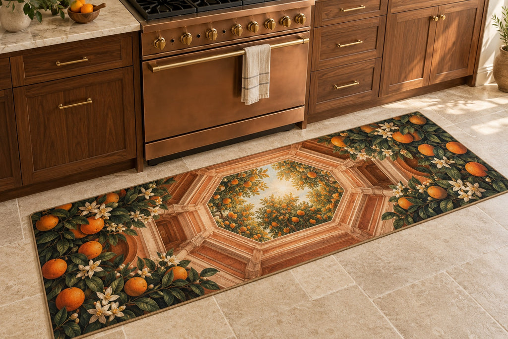 Orange Grove Kitchen Kitchen Rug with dimensional printed themed artwork; representative AI-generated mockup.