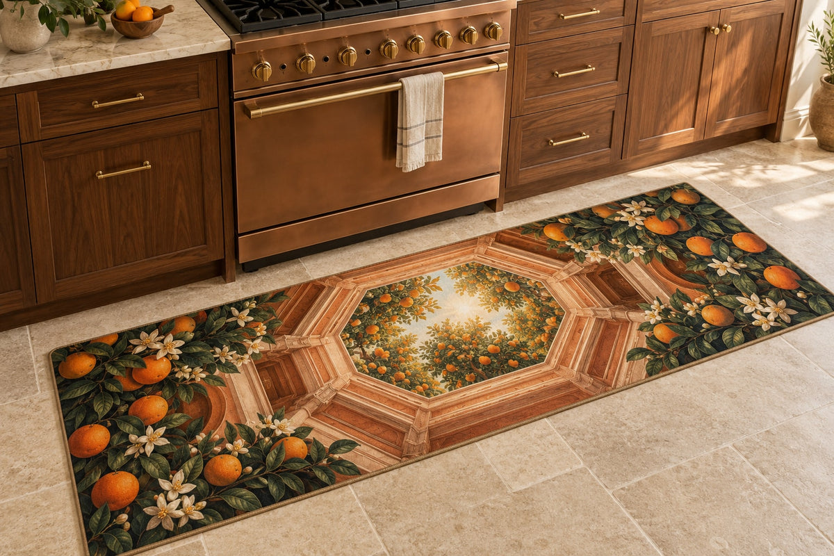 Orange Grove Kitchen Kitchen Rug with dimensional printed themed artwork; representative AI-generated mockup.