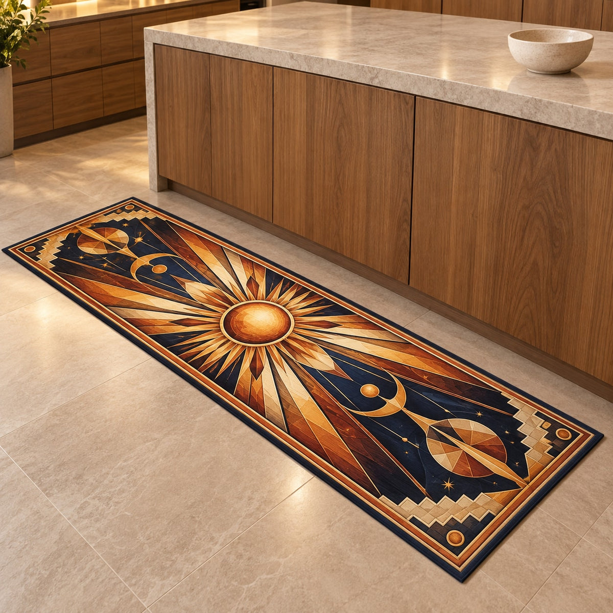 Geometric Sunburst Kitchen Rug with dimensional printed themed artwork; representative AI-generated mockup.