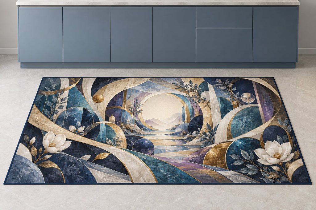 Spatial Prism Atelier Kitchen Rug with dimensional printed themed artwork; representative AI-generated mockup.