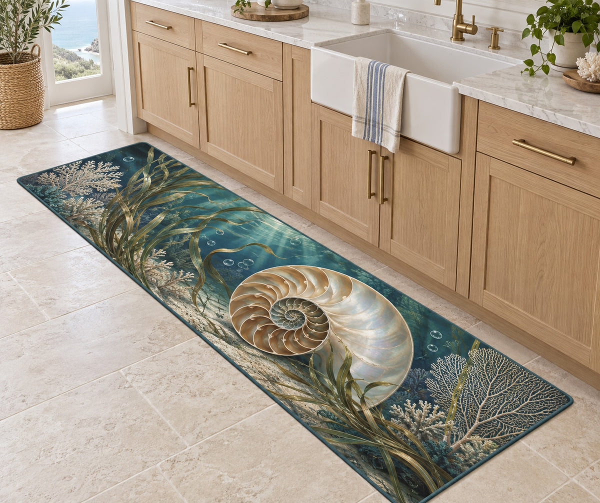 Nautilus Spiral Kitchen Rug with dimensional printed themed artwork; representative AI-generated mockup.