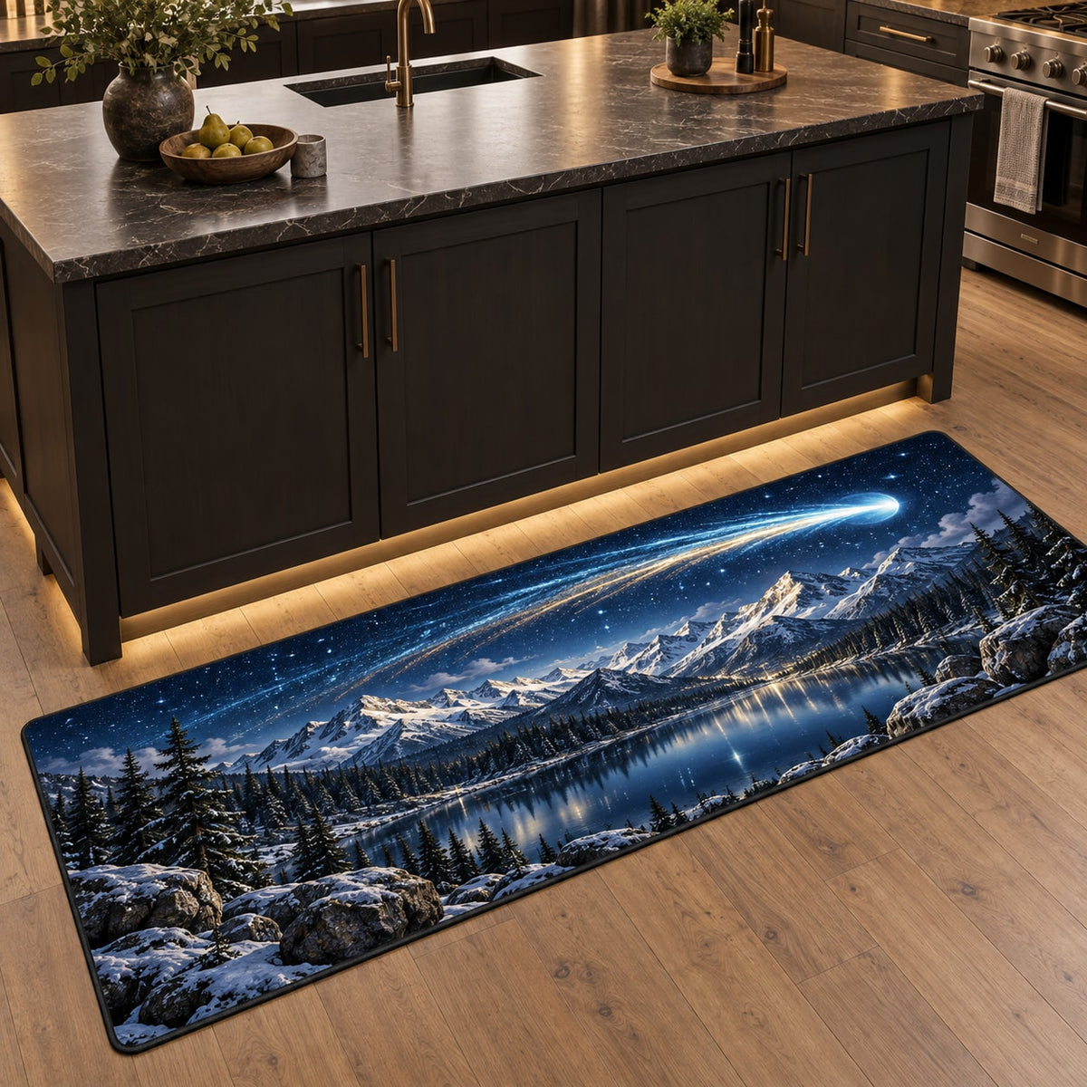 Comet Trail Kitchen Rug with dimensional printed themed artwork; representative AI-generated mockup.