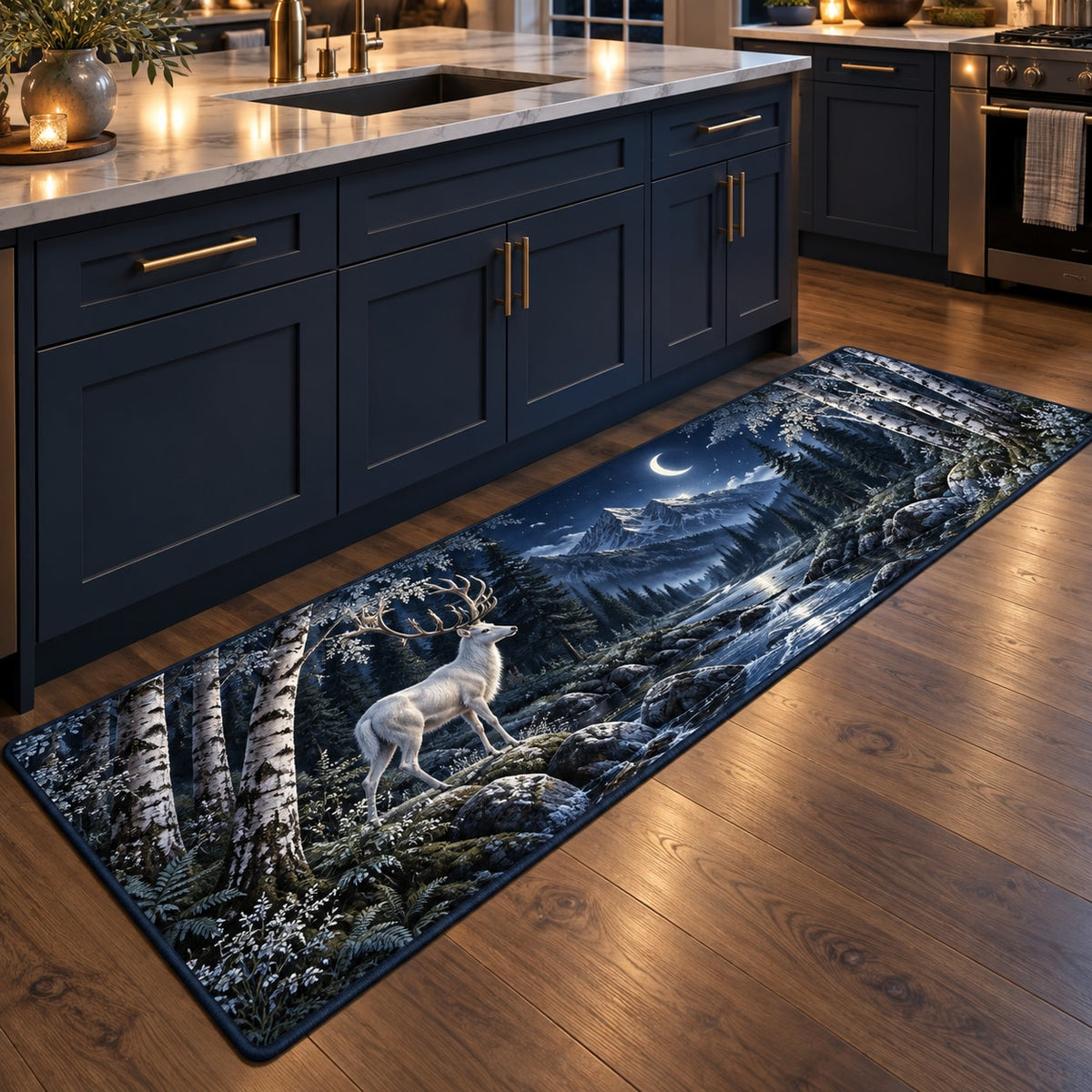 Moonlit White Stag Kitchen Rug with dimensional printed themed artwork; representative AI-generated mockup.