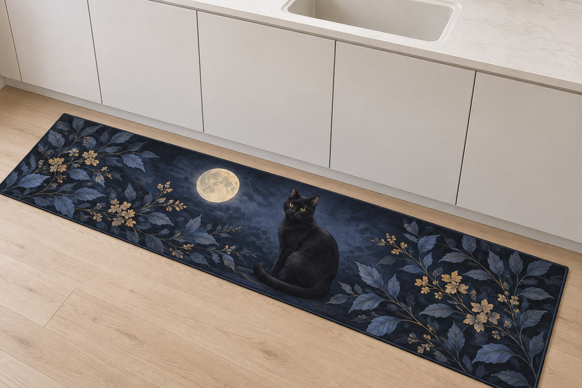 Black Cat Companion Kitchen Rug with dimensional printed themed artwork; representative AI-generated mockup.