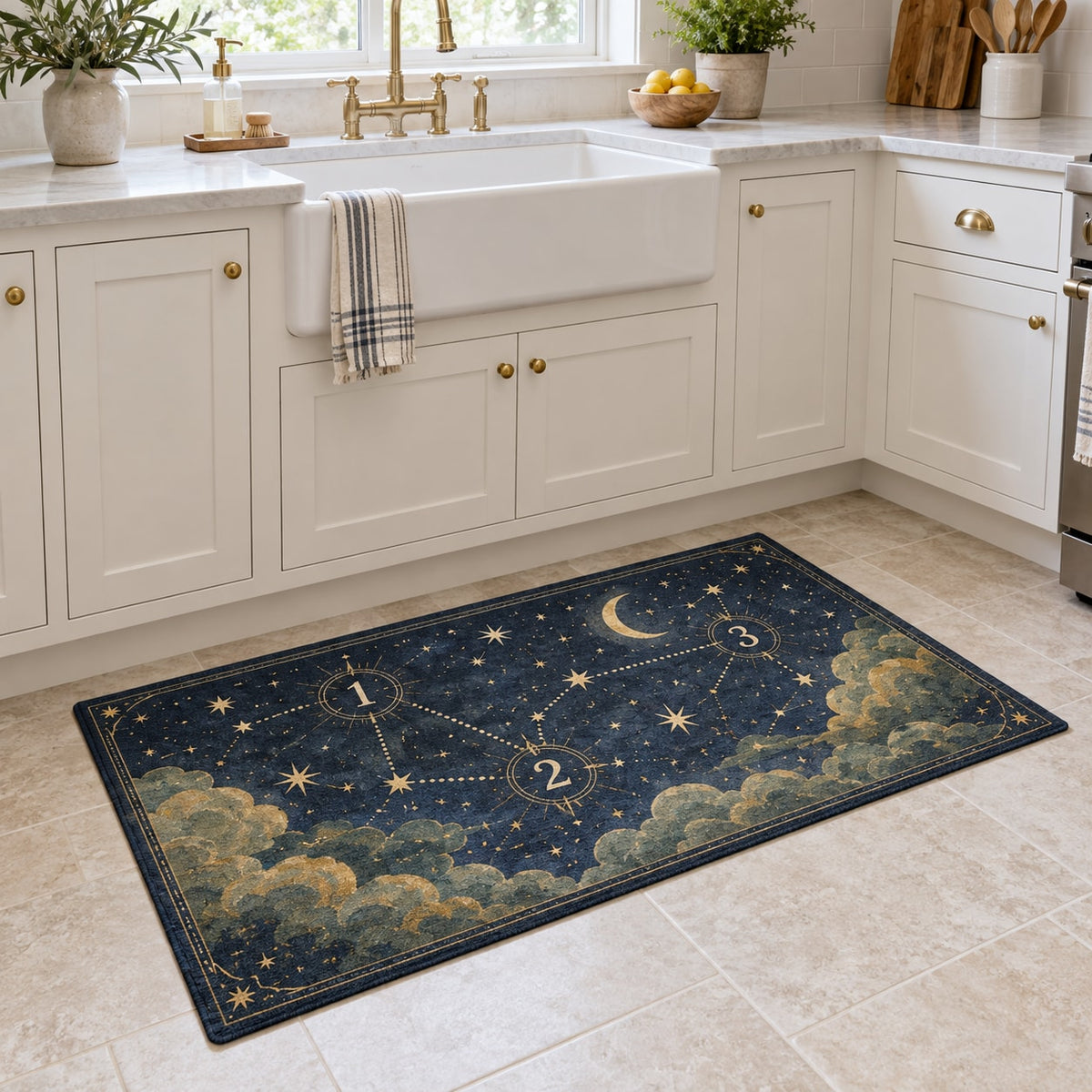 Number Constellation Kitchen Rug with dimensional printed themed artwork; representative AI-generated mockup.