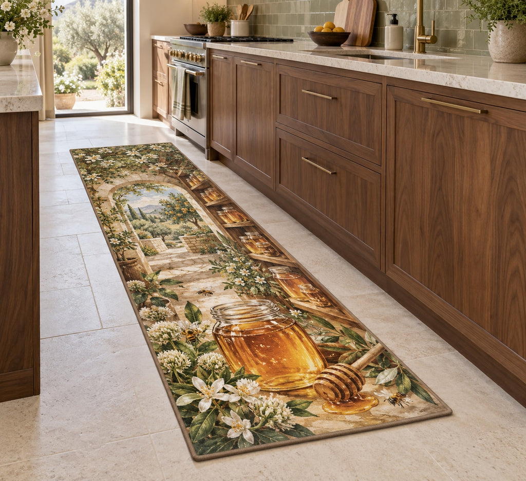 Honey Harvest Pantry Kitchen Rug with dimensional printed themed artwork; representative AI-generated mockup.