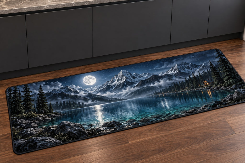 Moon Mountain Landscape Kitchen Rug with dimensional printed themed artwork; representative AI-generated mockup.