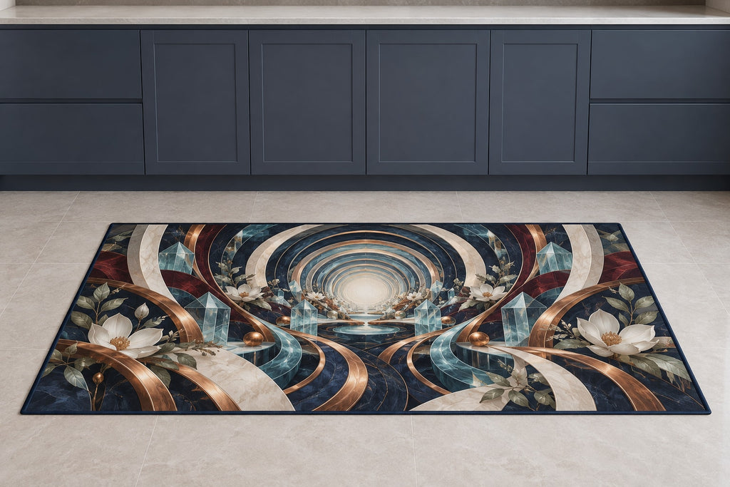 Luminous Circuit Sanctuary Kitchen Rug with dimensional printed themed artwork; representative AI-generated mockup.