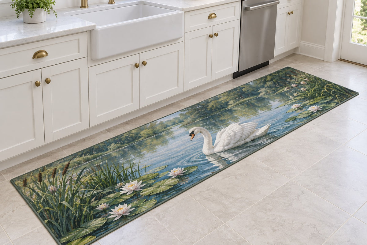 Swan and Reeds Kitchen Rug with dimensional printed themed artwork; representative AI-generated mockup.