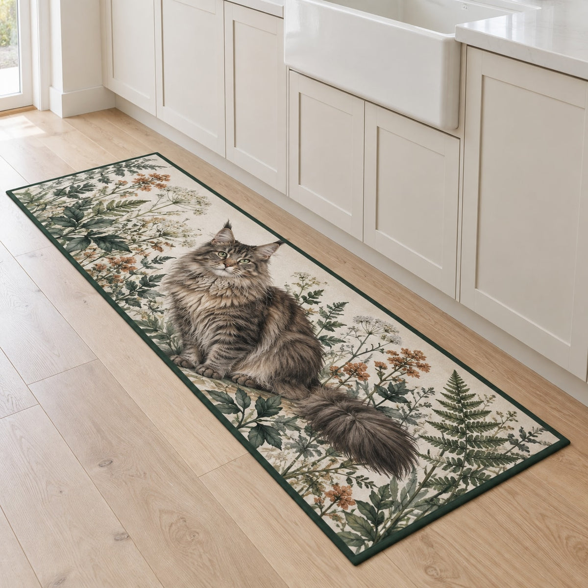 Maine Coon Cat Companion Kitchen Rug with dimensional printed themed artwork; representative AI-generated mockup.