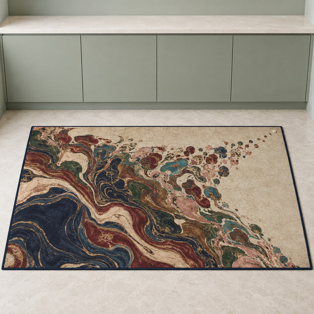 Folio Marbling Rift Kitchen Rug with dimensional printed themed artwork; representative AI-generated mockup.