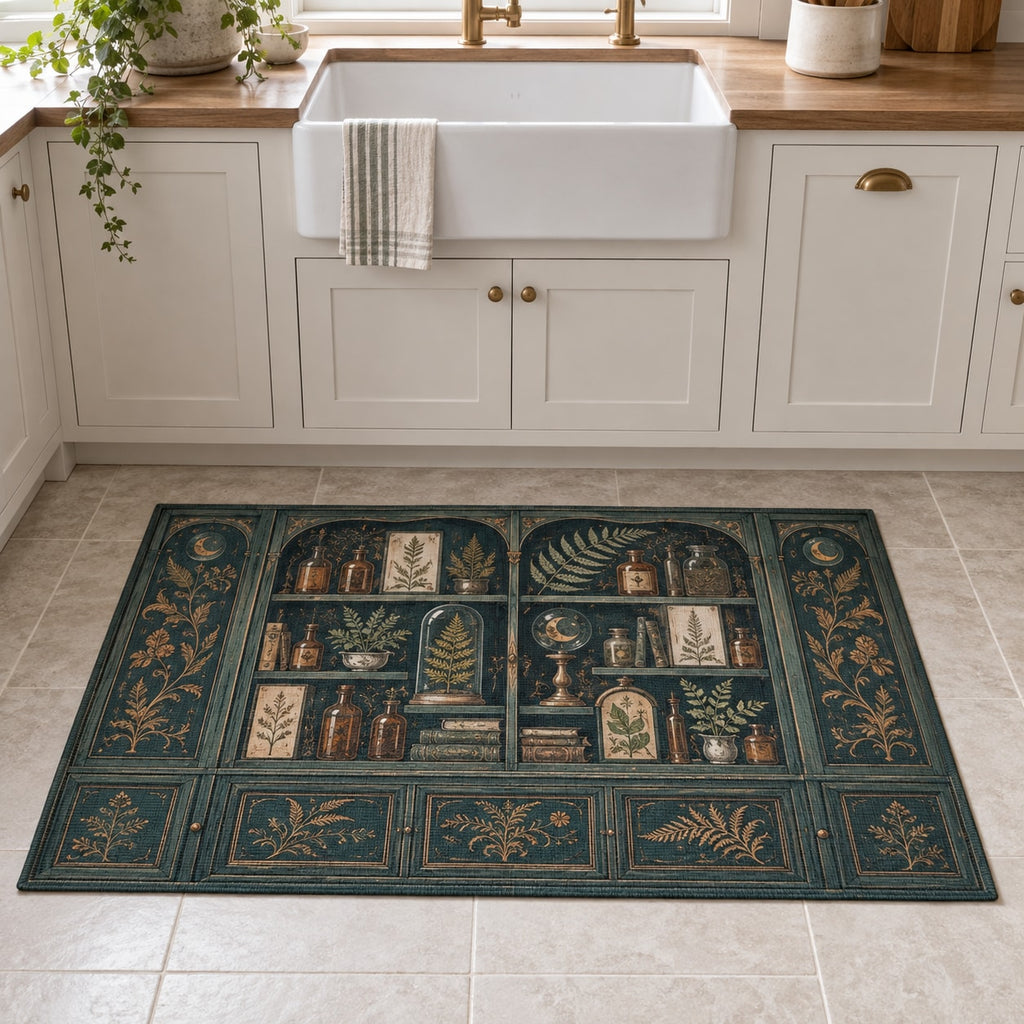 Alchemy Botanical Cabinet Kitchen Rug with dimensional printed themed artwork; representative AI-generated mockup.
