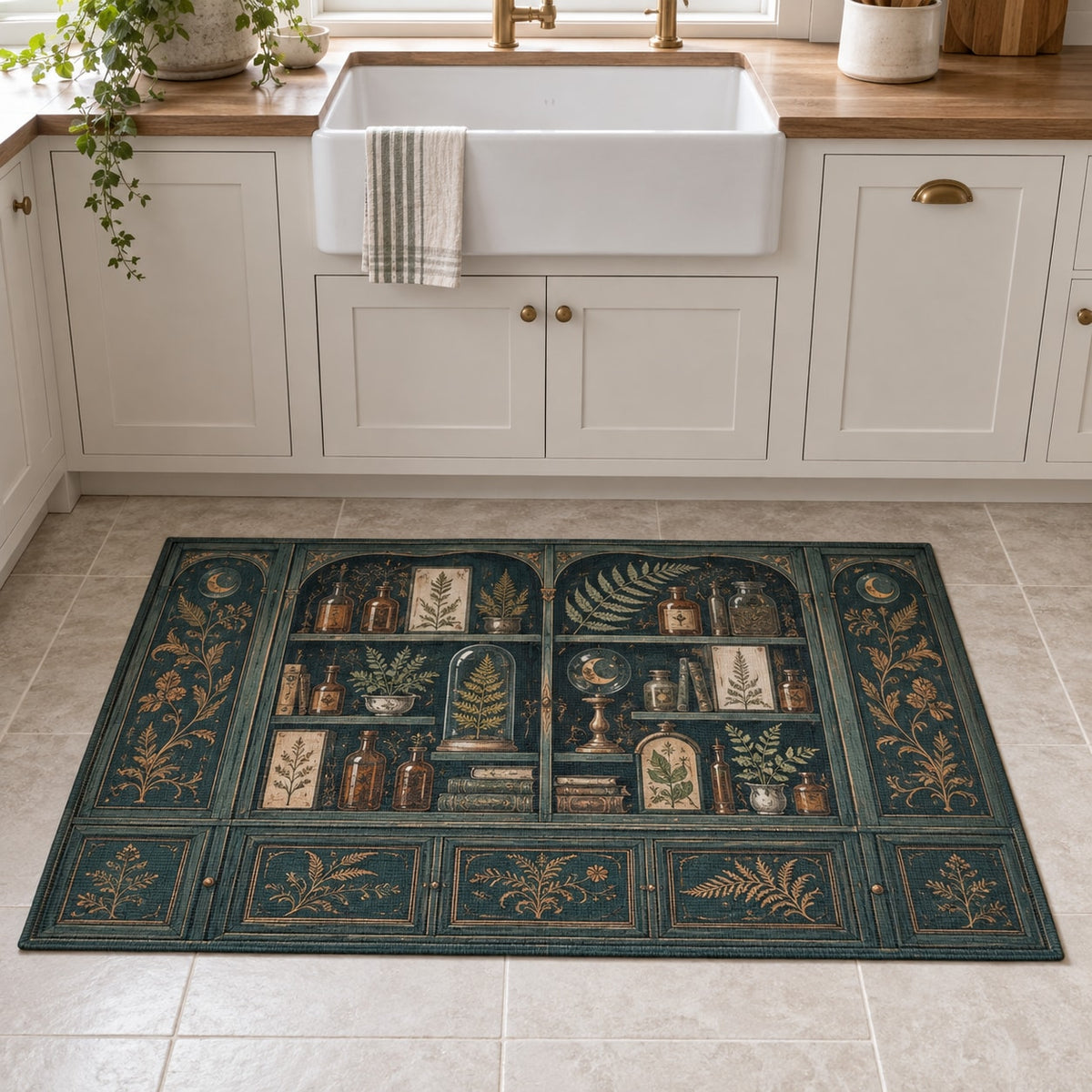 Alchemy Botanical Cabinet Kitchen Rug with dimensional printed themed artwork; representative AI-generated mockup.