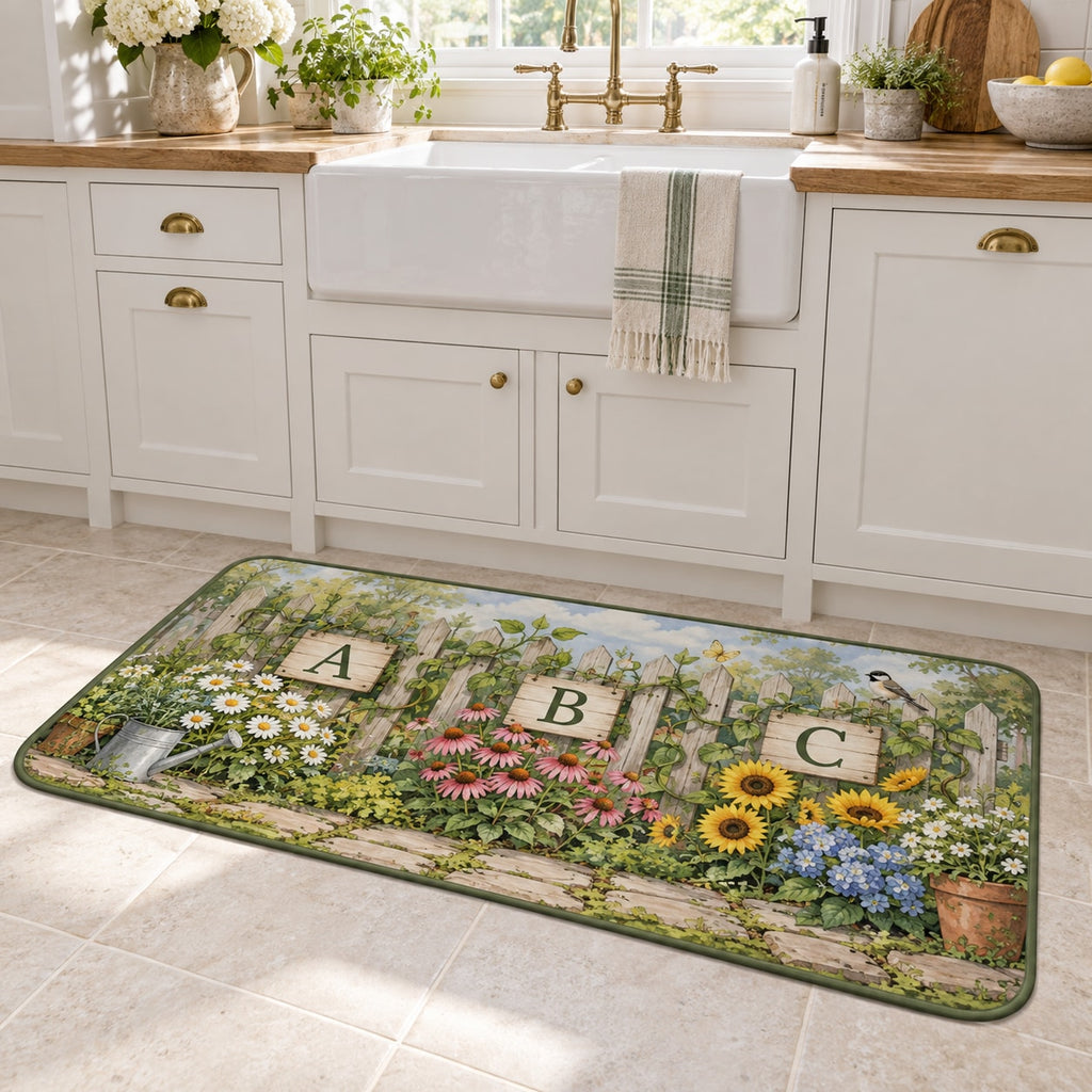 Alphabet Garden Kitchen Rug with dimensional printed themed artwork; representative AI-generated mockup.