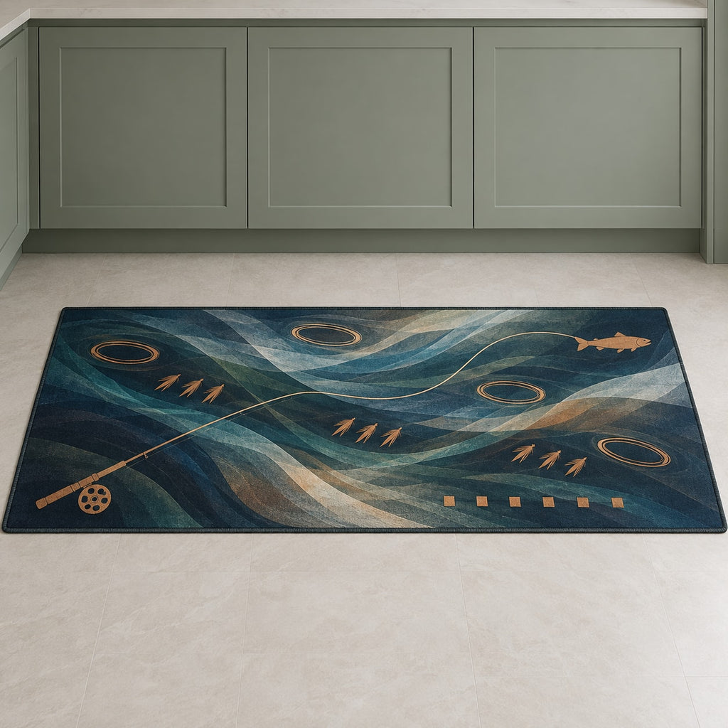 Rifflelight Cast Journey Kitchen Rug with dimensional printed themed artwork; representative AI-generated mockup.