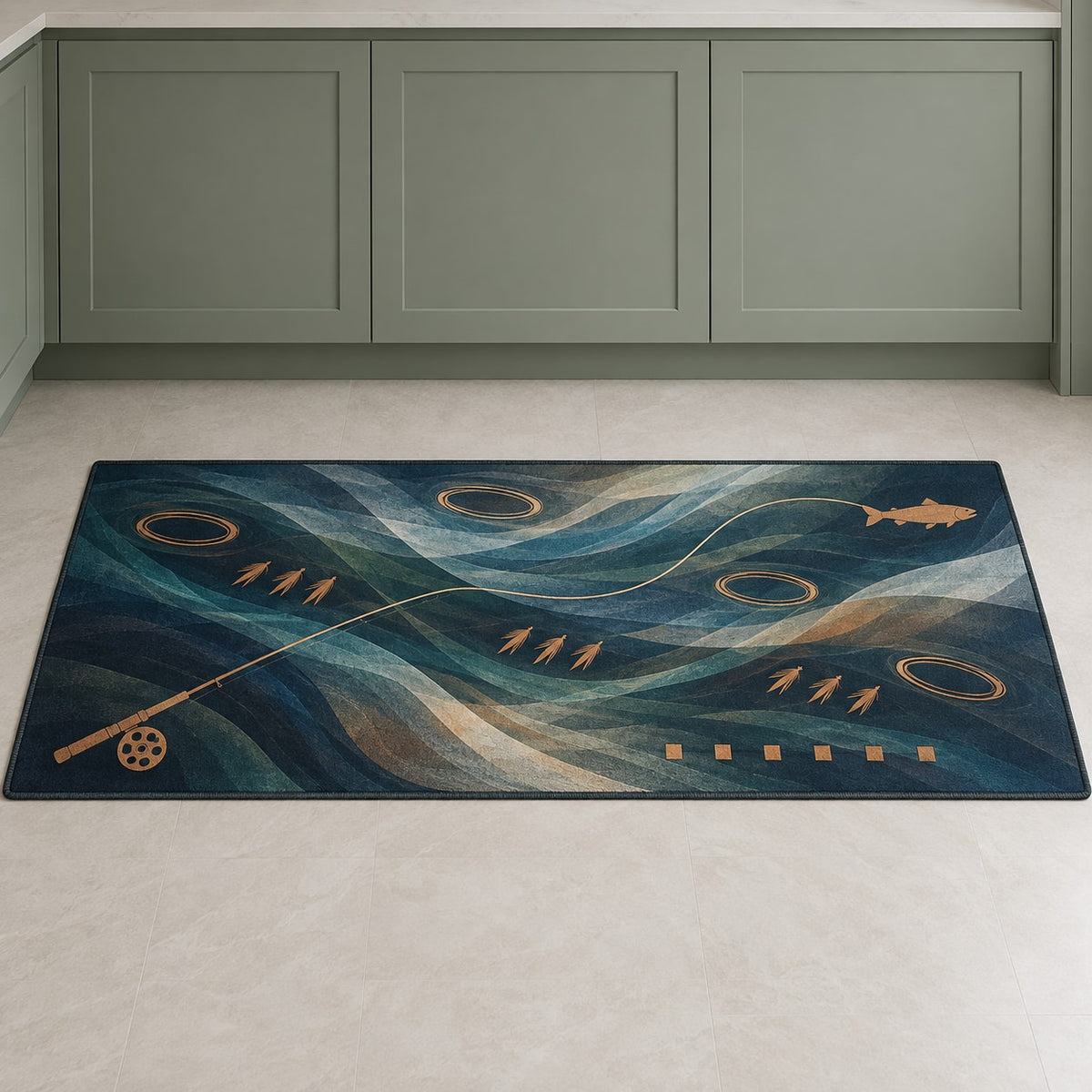 Rifflelight Cast Journey Kitchen Rug with dimensional printed themed artwork; representative AI-generated mockup.