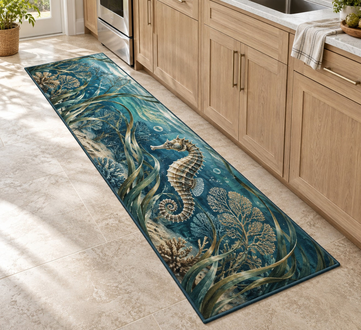 Seahorse Sea Grass Kitchen Rug with dimensional printed themed artwork; representative AI-generated mockup.