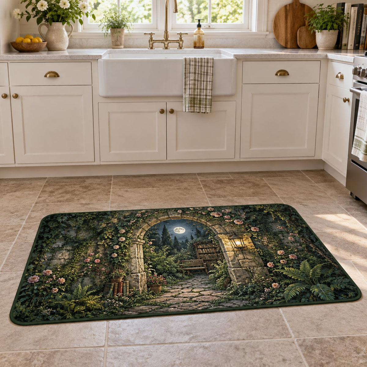Secret Garden Library Kitchen Rug with dimensional printed themed artwork; representative AI-generated mockup.
