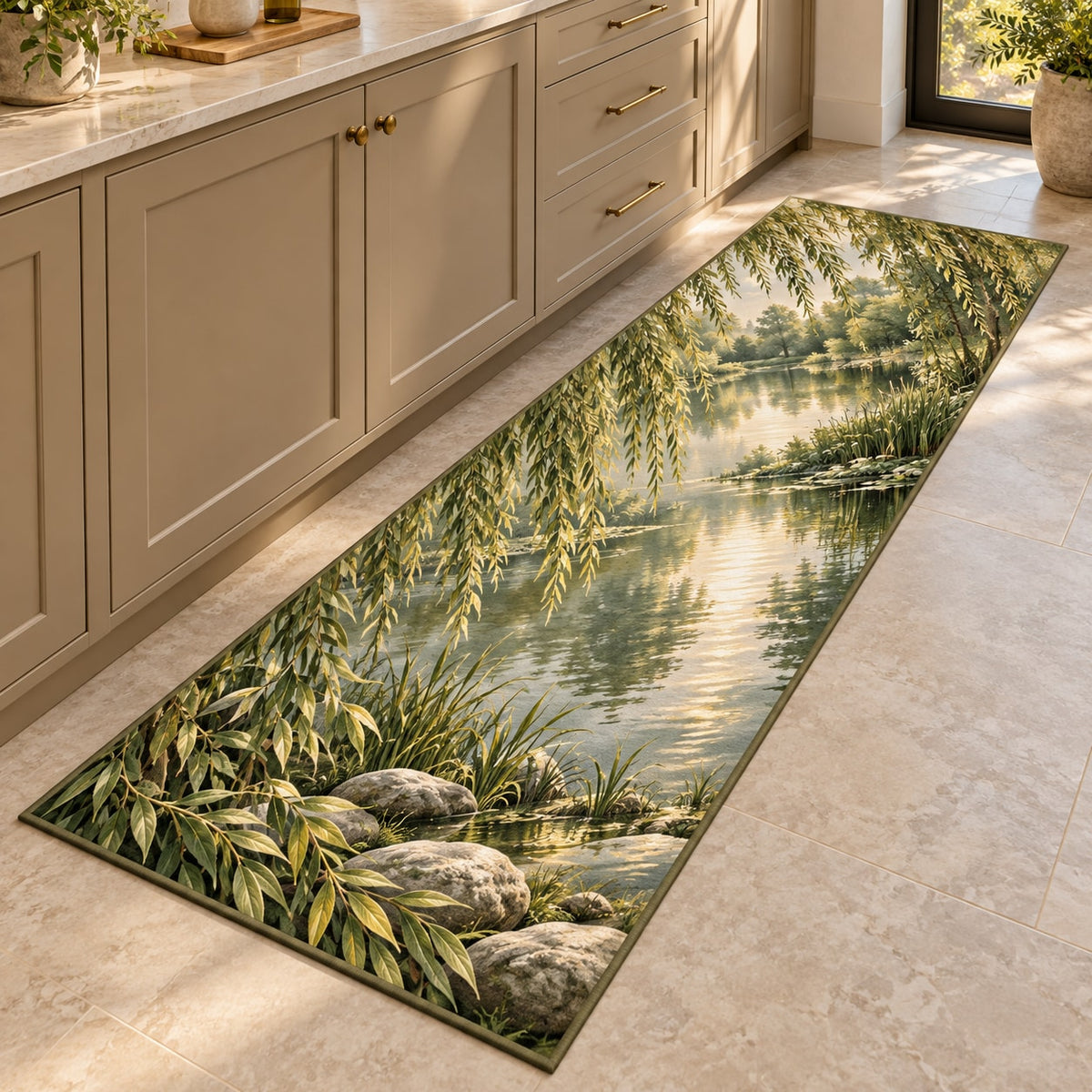 Willow Pond Kitchen Rug with dimensional printed themed artwork; representative AI-generated mockup.