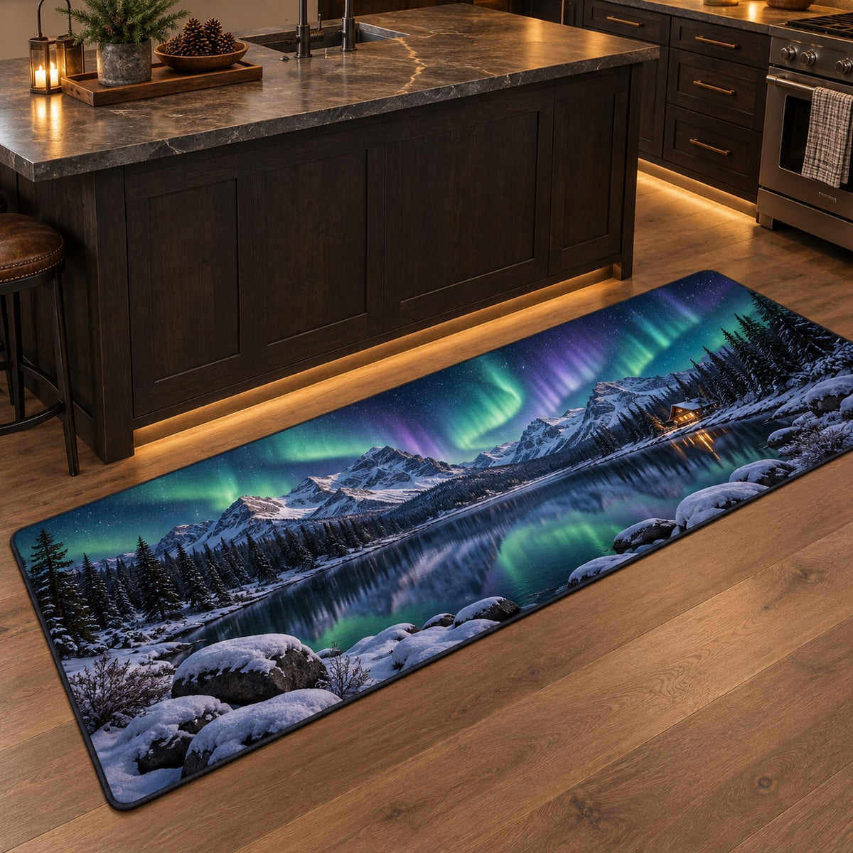 Northern Lights Kitchen Rug with dimensional printed themed artwork; representative AI-generated mockup.