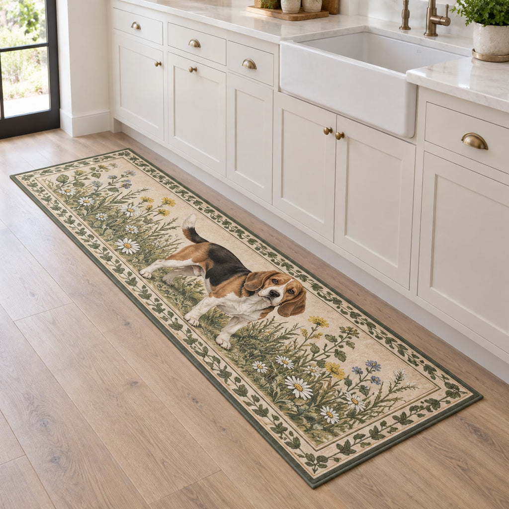 Beagle Kitchen Rug with dimensional printed themed artwork; representative AI-generated mockup.