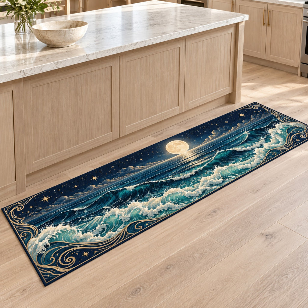 Celestial Ocean Tide Kitchen Rug with dimensional printed themed artwork; representative AI-generated mockup.