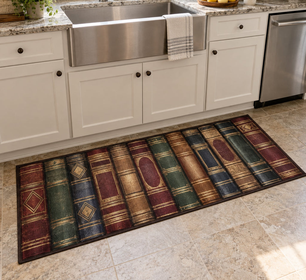 Anonymous Book Spines Kitchen Rug with dimensional printed themed artwork; representative AI-generated mockup.