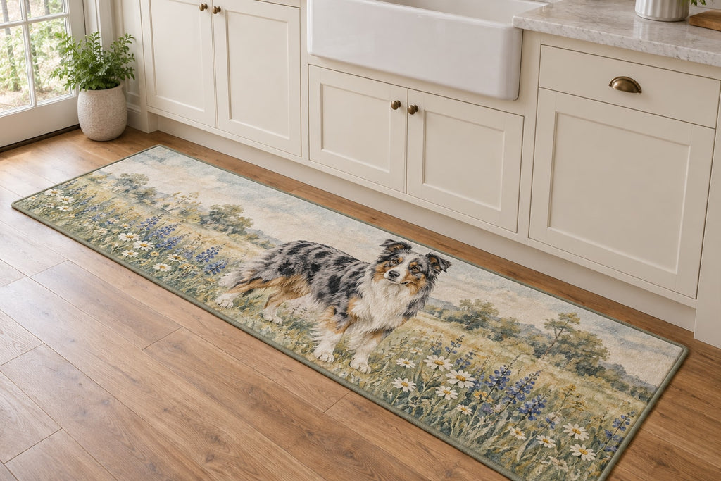 Australian Shepherd Kitchen Rug with dimensional printed themed artwork; representative AI-generated mockup.