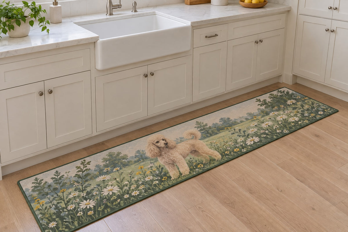 Poodle Kitchen Rug with dimensional printed themed artwork; representative AI-generated mockup.