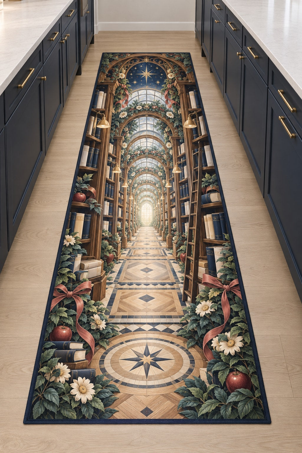 Storybook Library Conservatory Kitchen Rug with dimensional printed themed artwork; representative AI-generated mockup.