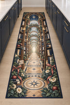 Storybook Library Conservatory Kitchen Rug with dimensional printed themed artwork; representative AI-generated mockup.