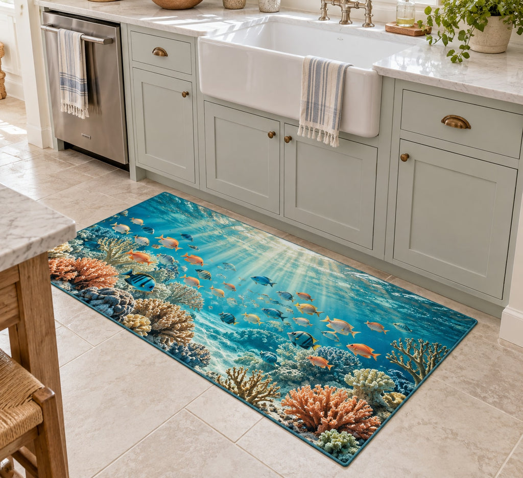 Reef Fish School Kitchen Rug with dimensional printed themed artwork; representative AI-generated mockup.