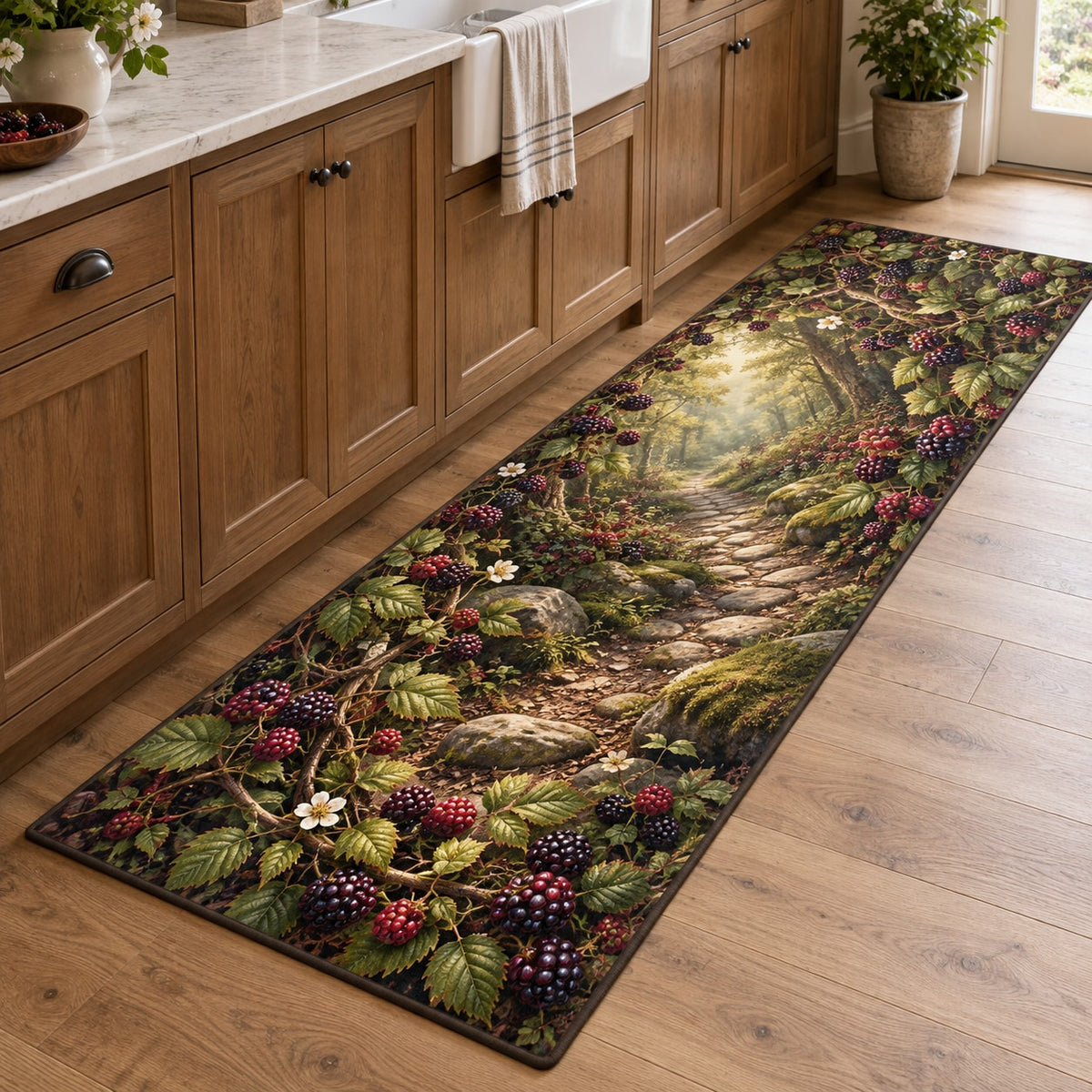 Wild Berry Bramble Kitchen Rug with dimensional printed themed artwork; representative AI-generated mockup.