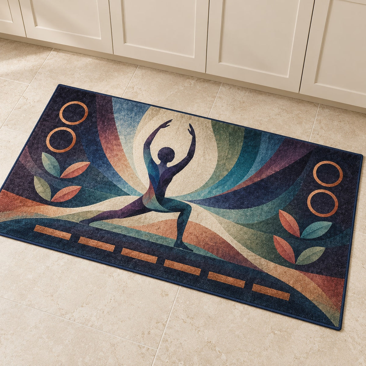 Stillpoint Prism Flow Kitchen Rug with dimensional printed themed artwork; representative AI-generated mockup.