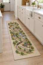 Storybook Train Village Map Kitchen Rug with dimensional printed themed artwork; representative AI-generated mockup.