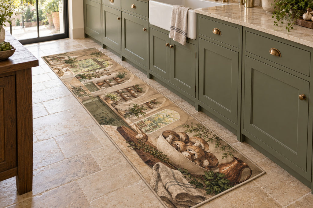 Mushroom Kitchen Study Kitchen Rug with dimensional printed themed artwork; representative AI-generated mockup.