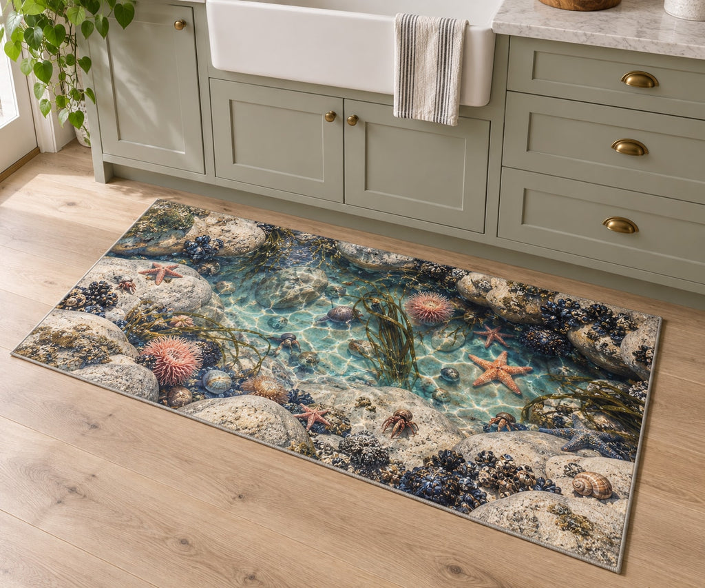 Tide Pool Creatures Kitchen Rug with dimensional printed themed artwork; representative AI-generated mockup.