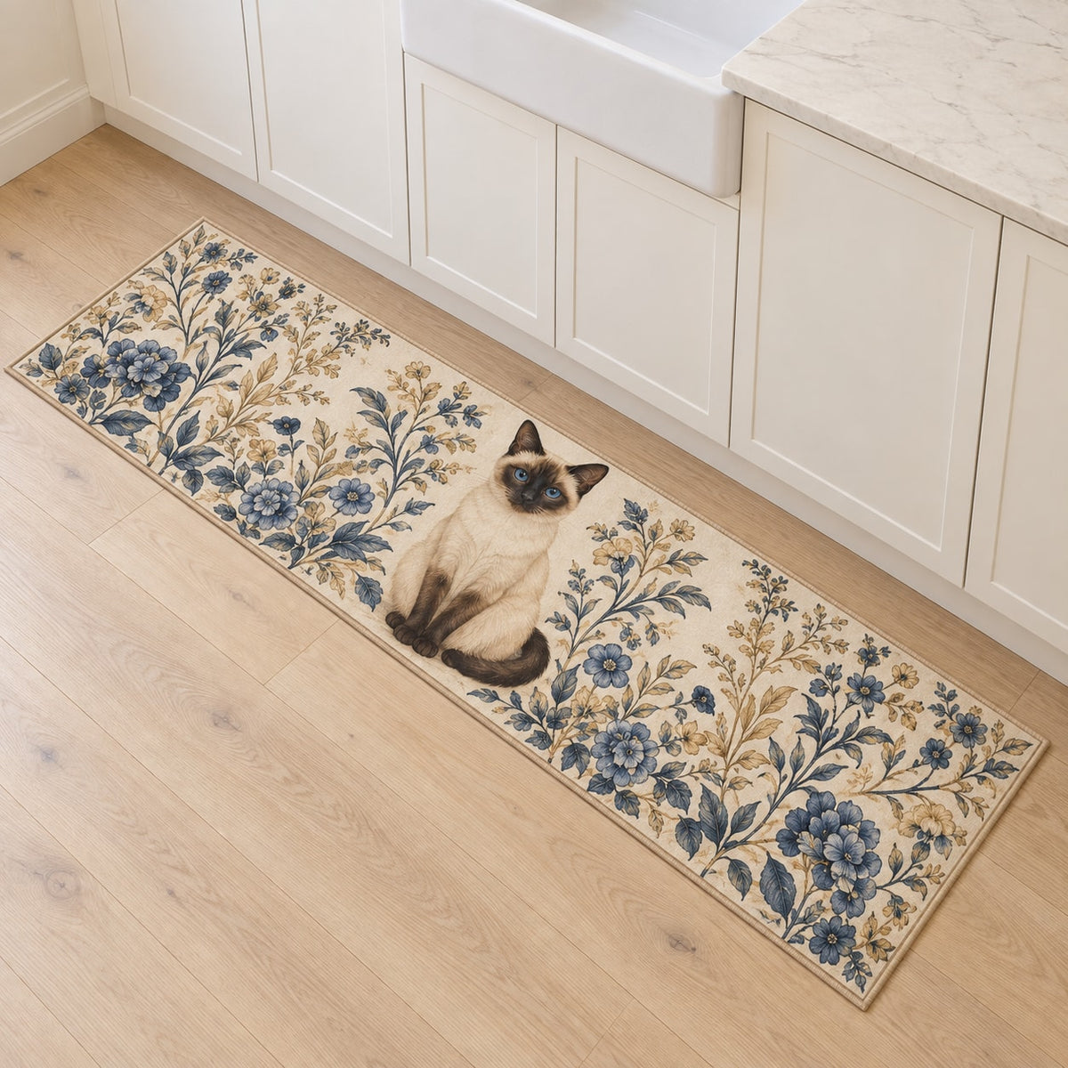 Siamese Cat Companion Kitchen Rug with dimensional printed themed artwork; representative AI-generated mockup.