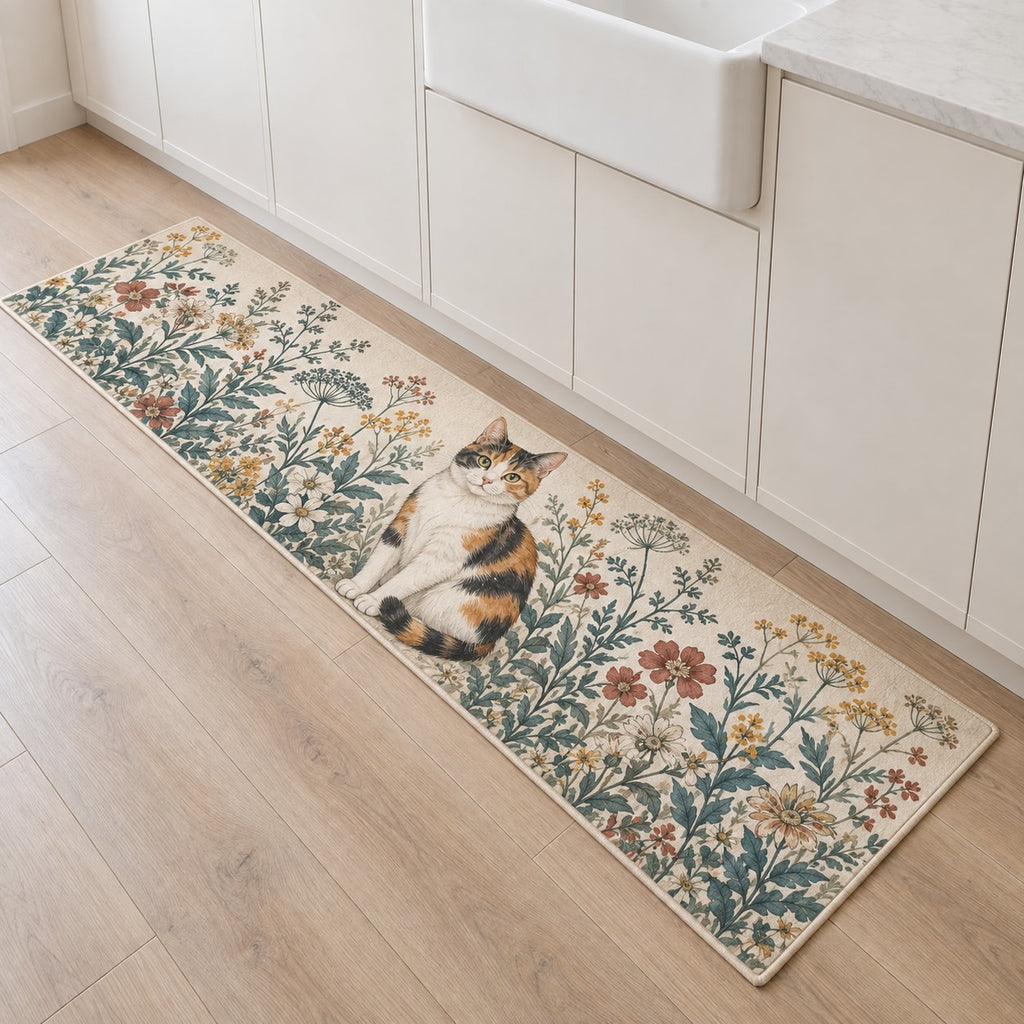 Calico Cat Companion Kitchen Rug with dimensional printed themed artwork; representative AI-generated mockup.