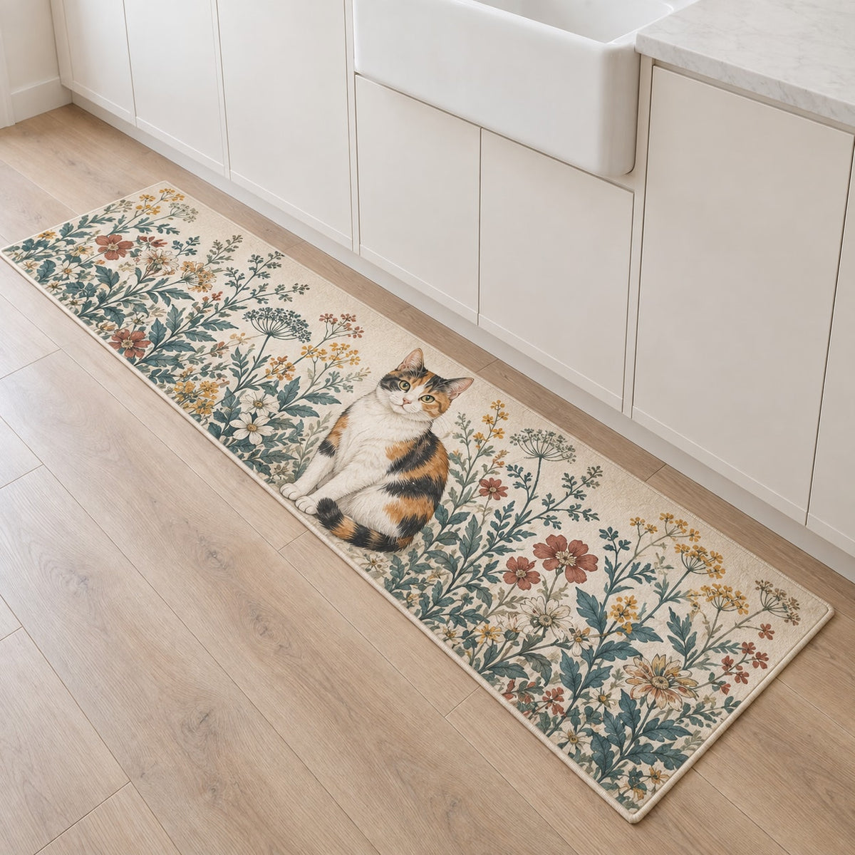 Calico Cat Companion Kitchen Rug with dimensional printed themed artwork; representative AI-generated mockup.