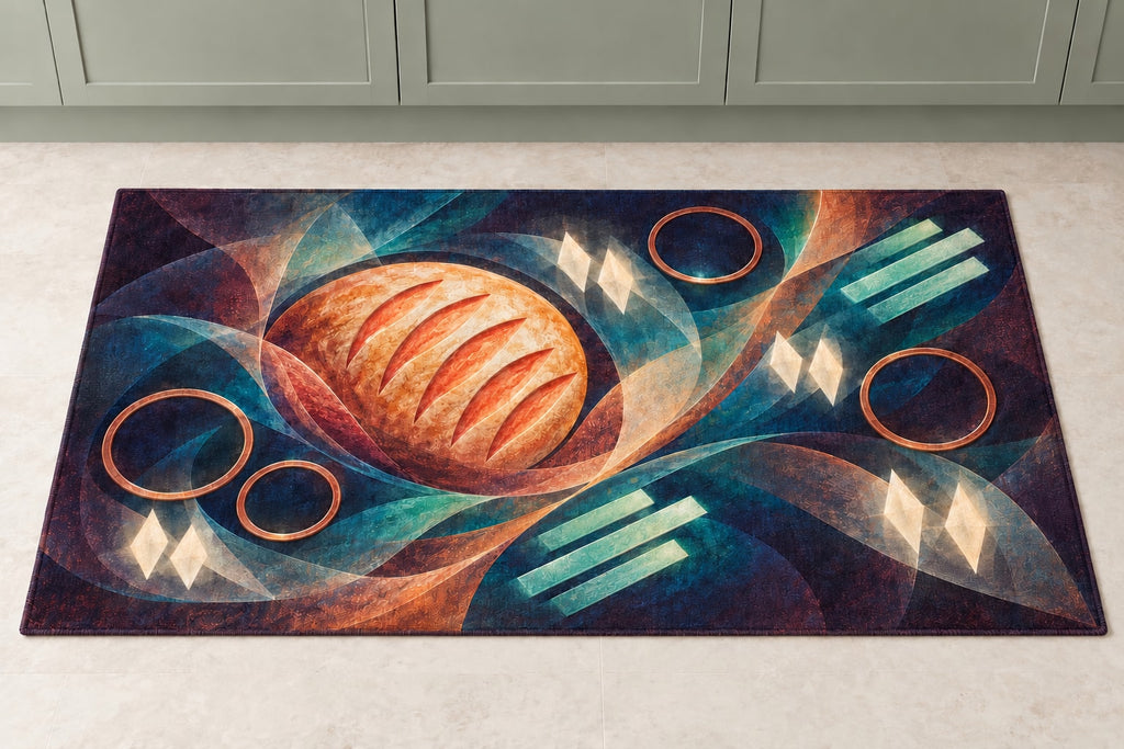 Crumb Lantern Fermentation Kitchen Rug with dimensional printed themed artwork; representative AI-generated mockup.