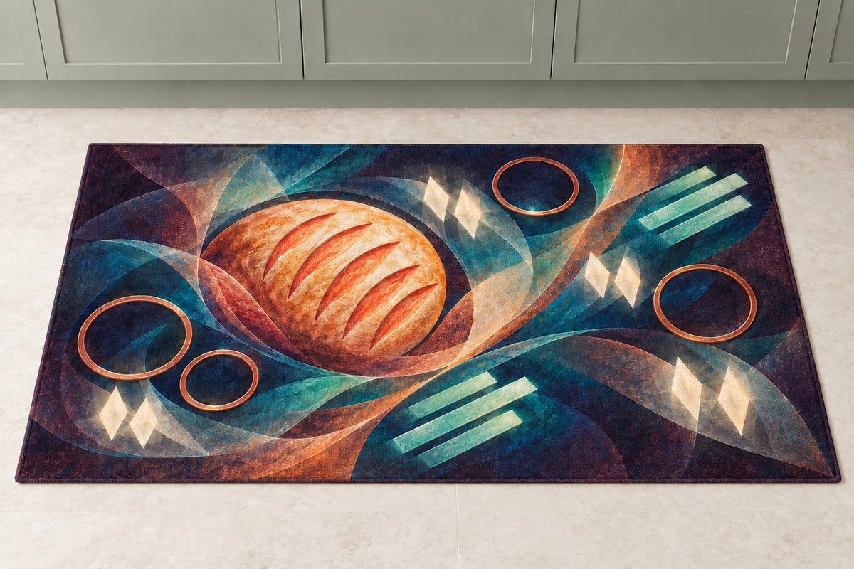 Crumb Lantern Fermentation Kitchen Rug with dimensional printed themed artwork; representative AI-generated mockup.