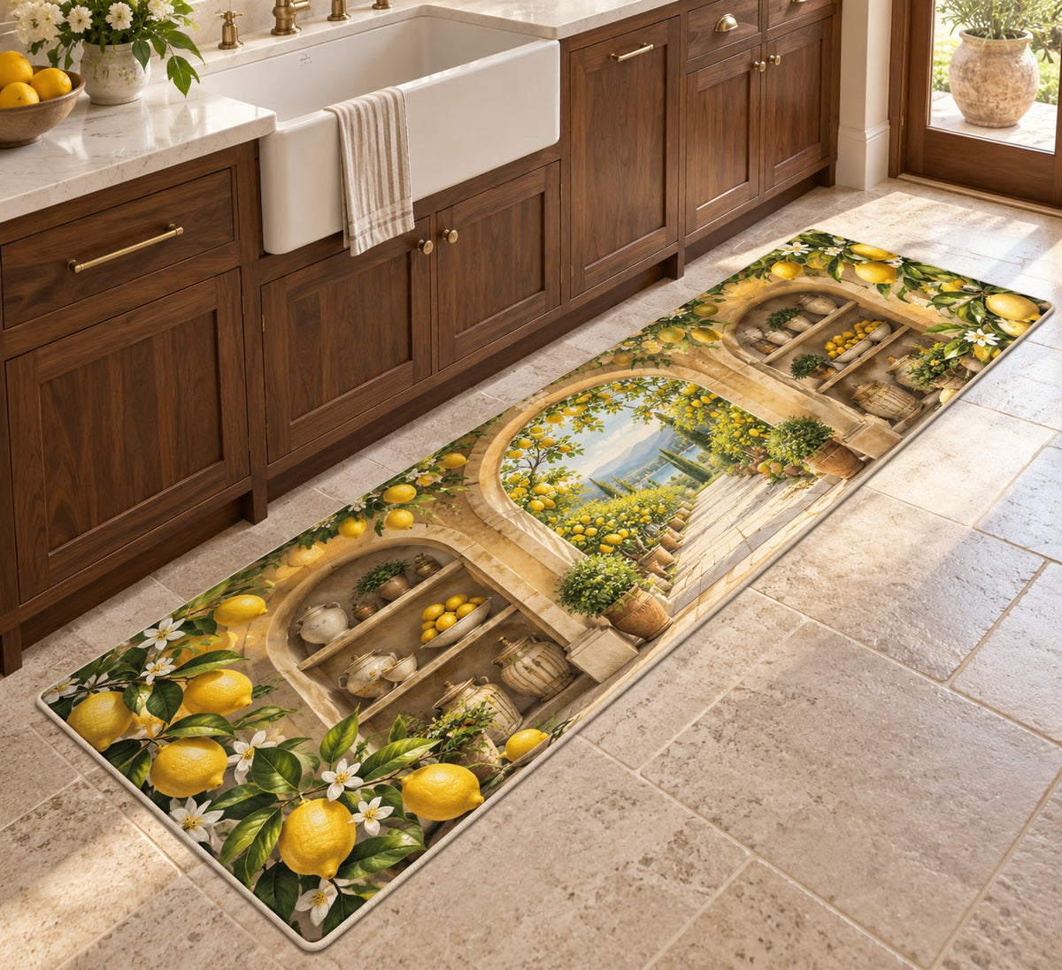 Lemon Kitchen Kitchen Rug with dimensional printed themed artwork; representative AI-generated mockup.