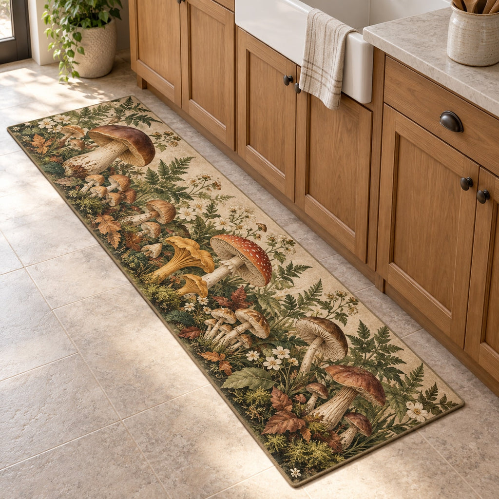 Mushroom Field Journal Kitchen Rug with dimensional printed themed artwork; representative AI-generated mockup.