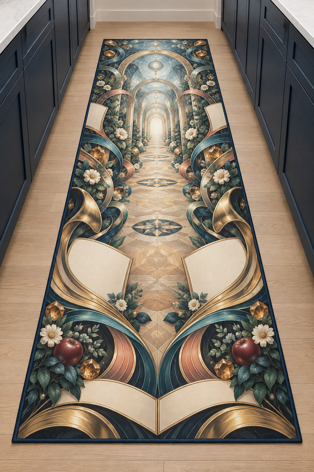 Resonant Harmony Conservatory Kitchen Rug with dimensional printed themed artwork; representative AI-generated mockup.